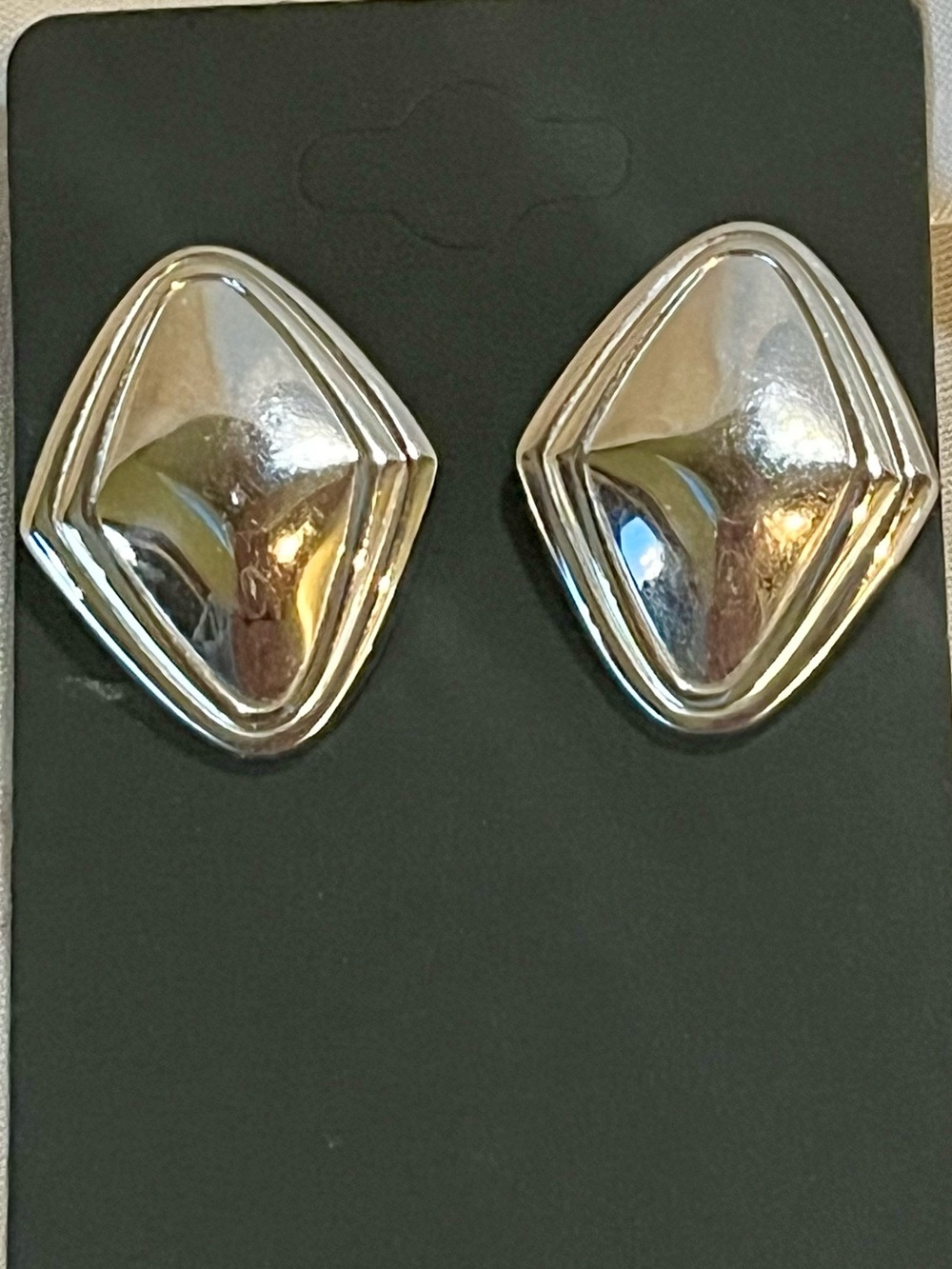 Vintage Monet Silver Geometric Clip On Earrings 1980s Puffy Diamond Statement